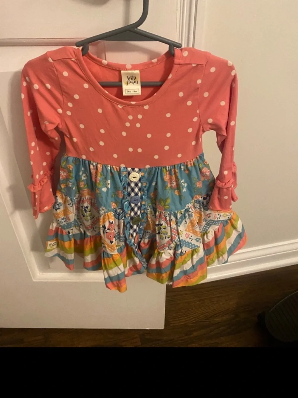 wild flowers Coral Polka Dot Long-Sleeve Tiered Dress with Multicolor Skirt